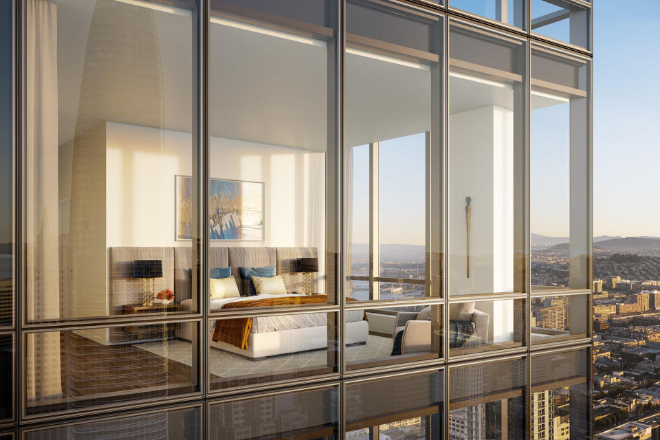 A view of the bedroom area in a typical condo unit at The Avery. 