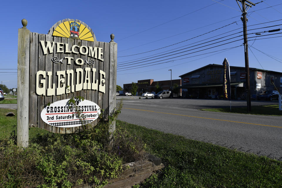 A sign welcomes visitors to the tiny town of Glendale, Ky., the site of a joint venture with Ford Motor Company and SK Innovation to create the $5.8 billion BlueOvalSK Battery Park in Glendale, Ky., Monday, Sept. 27, 2021. The dedicated battery manufacturing complex will be creating 5000 jobs, and is intended to supply Ford's North American assembly plants with locally assembled batteries. (AP Photo/Timothy D. Easley)