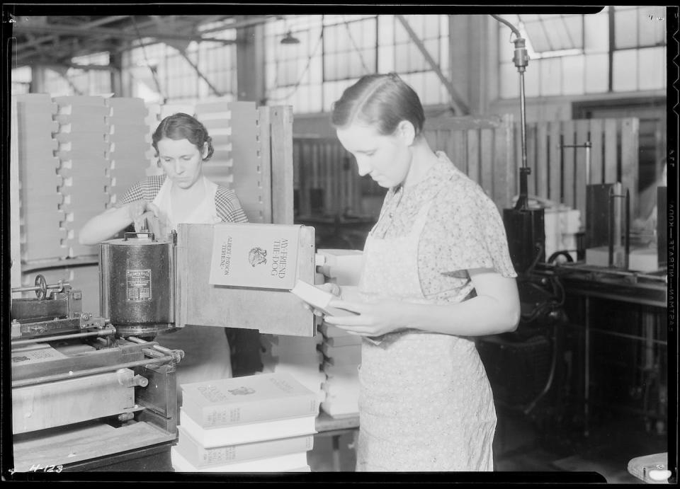 Orphaned sisters Peggy and Maude work as bindery girls, like their mother before them. (The women pictured are working at Kingsport Press in the US. Photo by Pauline Minga.)