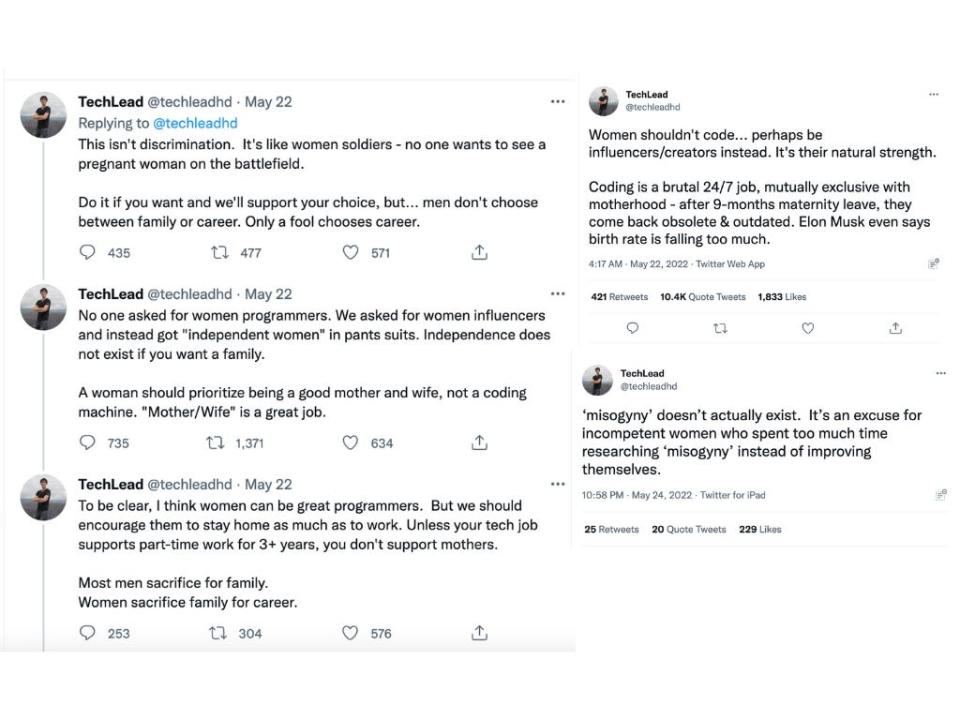 Screengrabs of TechLeadHD's (Patrick Shyu) tweets about women in tech.