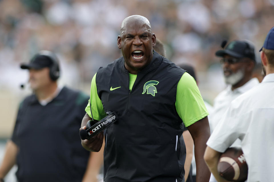 Michigan State coach Mel Tucker yells during the first half of an NCAA college football game against Akron, Saturday, Sept. 10, 2022, in East Lansing, Mich. Michigan State won 52-0. (AP Photo/Al Goldis)
