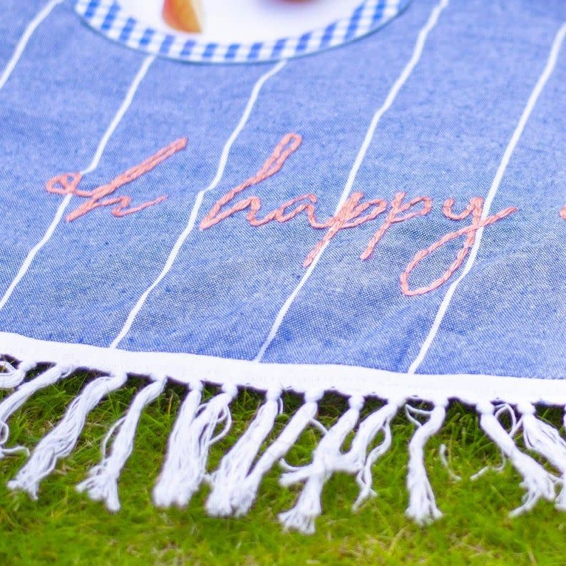 5) Hand Embroidered Round Picnic Blanket