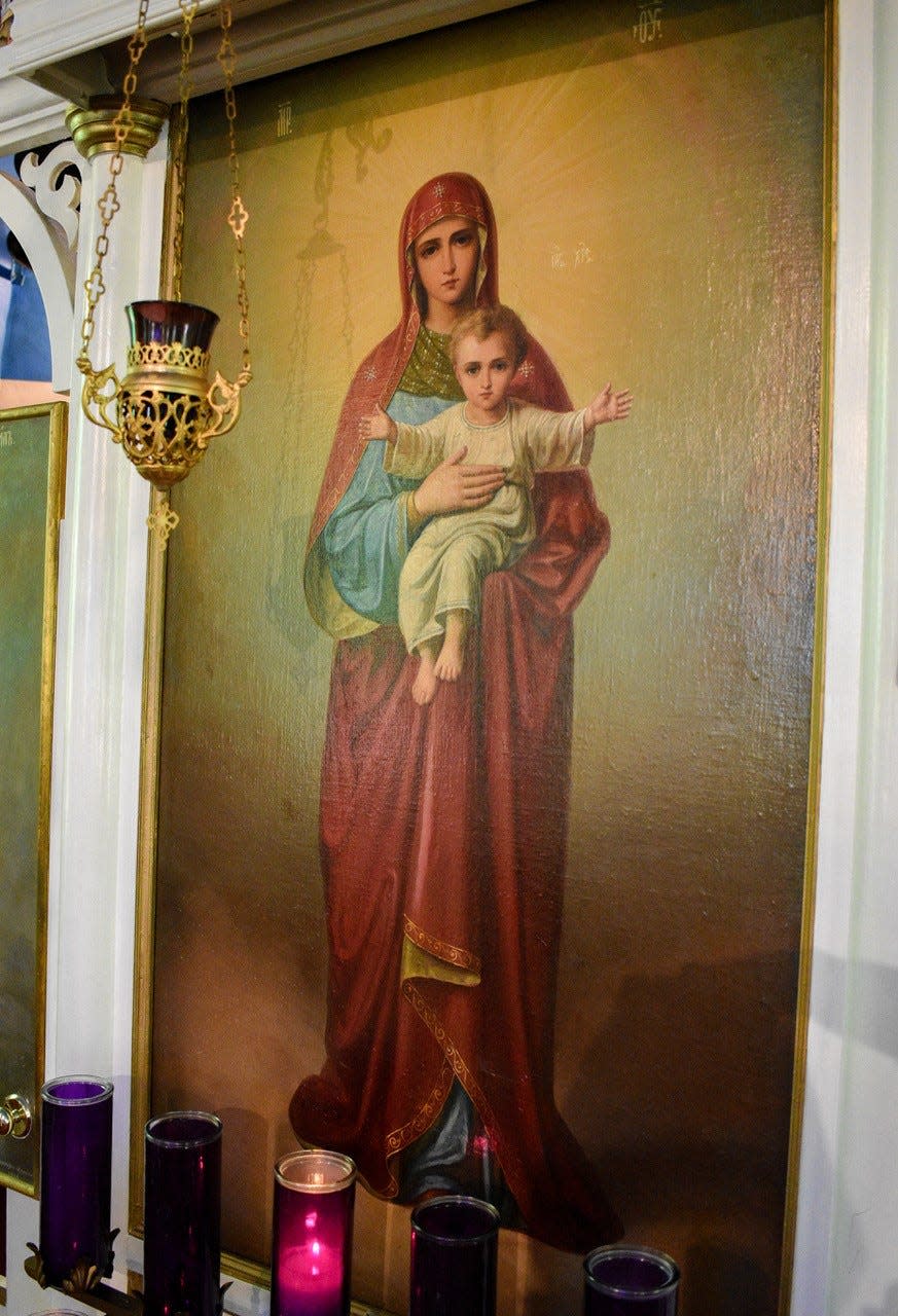 This icon of Mary was gifted to Holy Assumption Orthodox Church by Nicholas II, the last tsar of Russia who was murdered in 1917 during the Russian Revolution.