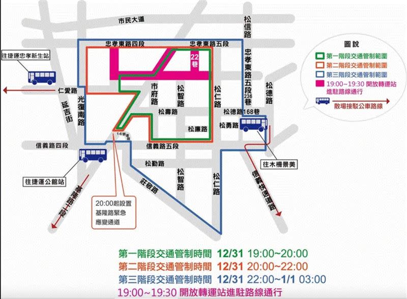 2022跨年交通管制自晚間7時起分三階段。（圖／交通局提供）