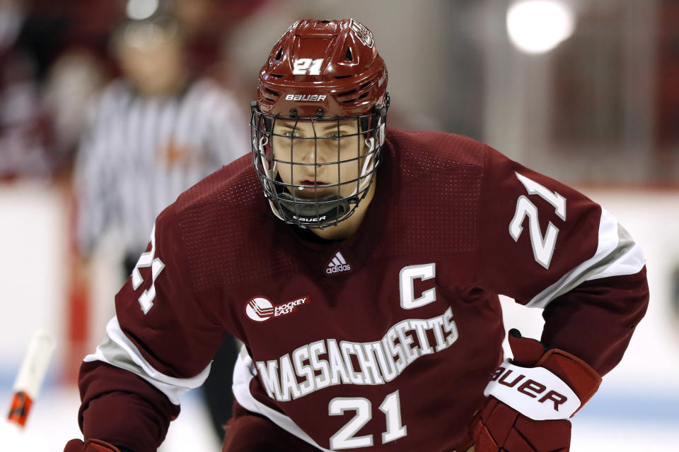 FILE - In this Nov. 1, 2019, file photo, Massachusetts' Mitchell Chaffee during an NCAA hockey game against Northeastern on Friday, in Boston. Chaffee signed with the Minnesota Wild on Tuesday, March 24, 2020. (AP Photo/Winslow Townson, File)