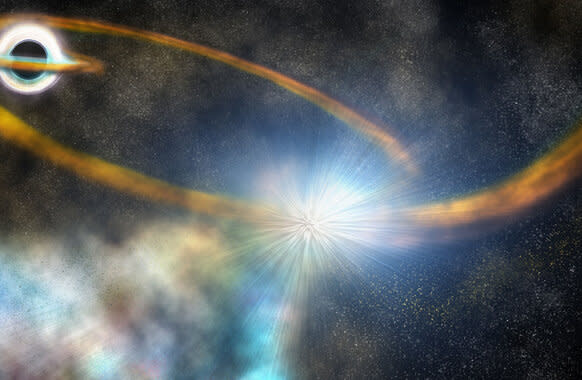 Artwork showing a star (center) getting torn apart by a black hole (upper left). Credit: Robin Dienel, courtesy of the Carnegie Institution for Science