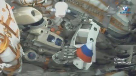A still image shows robot Skybot F-850 inside a spacecraft carried by Soyuz-2.1a booster after the launch from the Baikonur Cosmodrome