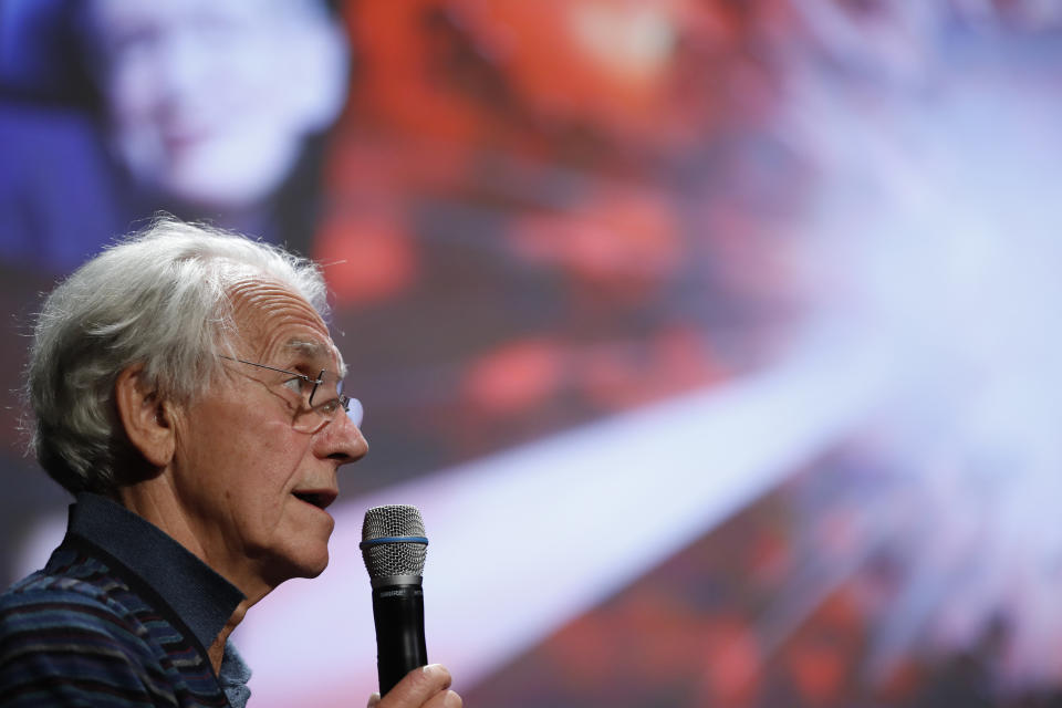 French scientist Gerard Mourou holds a press conference at the Ecole Polytechnique in Palaiseau, south of Paris, Tuesday, Oct.2, 2018. Three scientists from the United States, Canada and France won the Nobel Prize in Physics on Tuesday for work with lasers described as revolutionary and bringing science fiction into reality. (AP Photo/Christophe Ena)