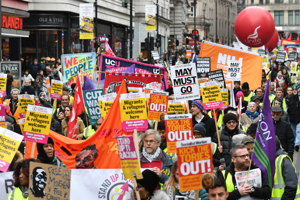 The crowds were addressed by politicians including shadow chancellor John McDonnell in Trafalgar Square.