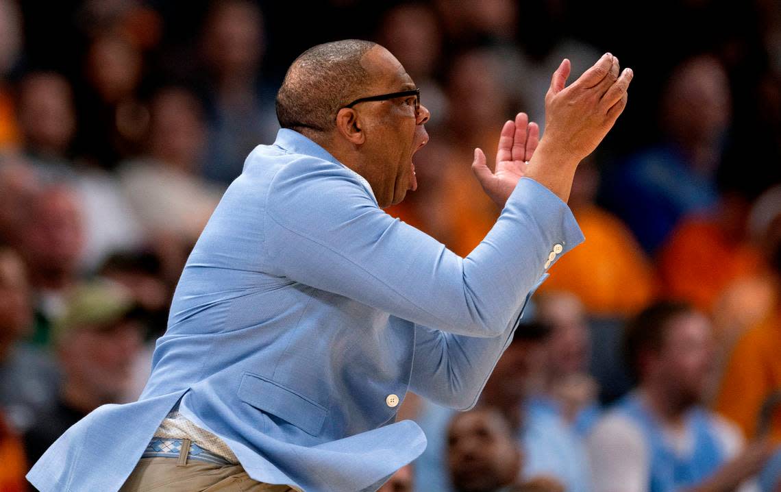 North Carolina coach Hubert Davis applauds his team on defense after taking a commanding lead during the second half against Michigan State on Saturday, March 23, 2024 during the second round of the NCAA Tournament at Spectrum Center in Charlotte, N.C.