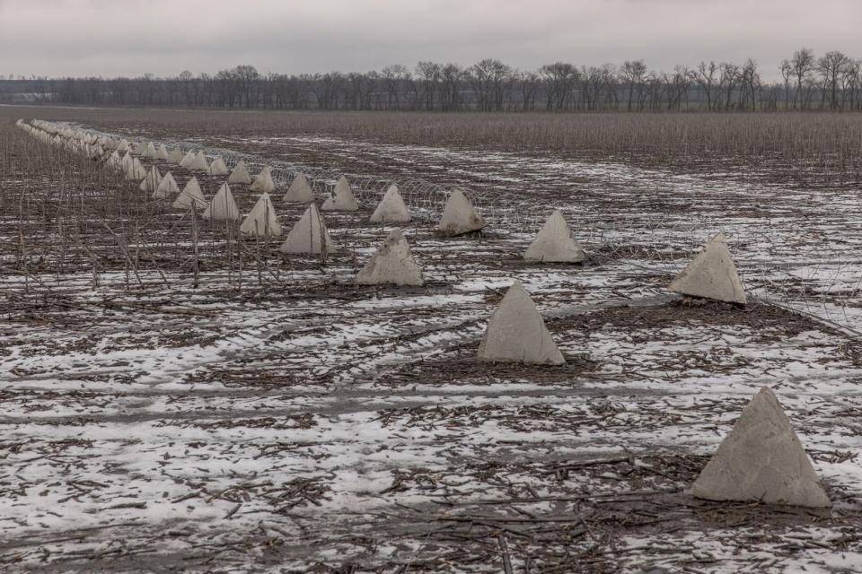 "Dragon's teeth" fortifications that were installed in recent months by the Ukrainian army on the Kupiansk direction, in the Kharkiv region, on Jan. 28, 2024, amid the Russian invasion of Ukraine. (Roman Pilipey /AFP via Getty Images)