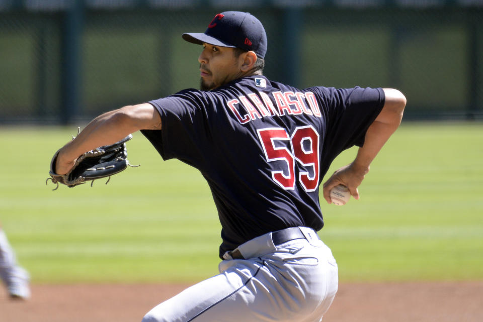 Cleveland Indians starting pitcher Carlos Carrasco throws against the Detroit Tigers in the first inning of a baseball game, Sunday, Sept. 20, 2020, in Detroit. (AP Photo/Jose Juarez)