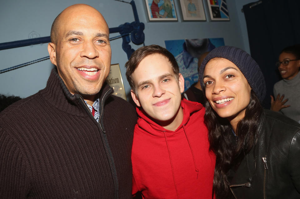 Senator Cory Booker, Taylor Trensch and Rosario Dawson pose backstage at the hit Tony Winning Musical "Dear Evan Hansen" on Broadway at The Music Box Theatre in 2019 in New York City.  (Photo:  Bruce Glikas/Bruce Glikas/WireImage)