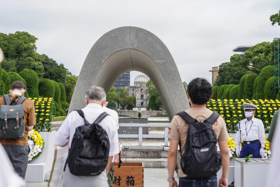 HIROSHIMA, JAPAN - 2020/08/06: People praying at the Hiroshima Peace Memorial Ceremony.
Hiroshima marks the 75th anniversary of the U.S. atomic bombing which killed about 150,000 people and destroyed the entire city during World War II. (Photo by Jinhee Lee/SOPA Images/LightRocket via Getty Images)