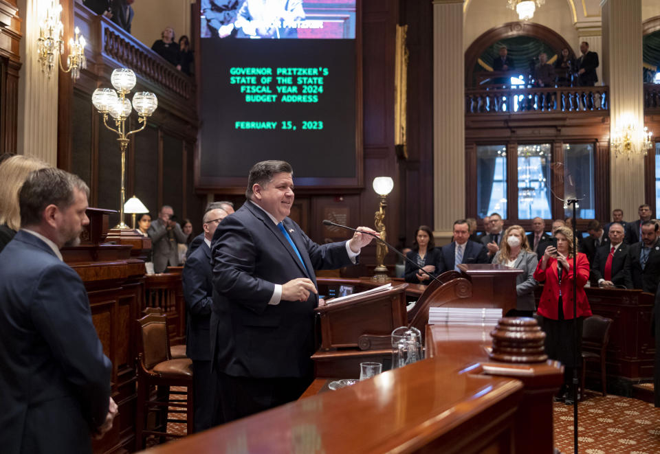 Gov. J.B. Pritzker delivers his combined budget and State of the State address to a joint session of the General Assembly on Wednesday, Feb. 15, 2023 at the Illinois State Capitol in Springfield, Ill. (Brian Cassella/Chicago Tribune via AP, Pool)