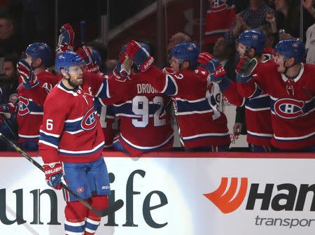 Dec 15, 2018; Montreal, Quebec, CAN; Montreal Canadiens defenseman Shea Weber (6) celebrates his goal against Ottawa Senators with teammates during the third period at Bell Centre. Mandatory Credit: Jean-Yves Ahern-USA TODAY Sports