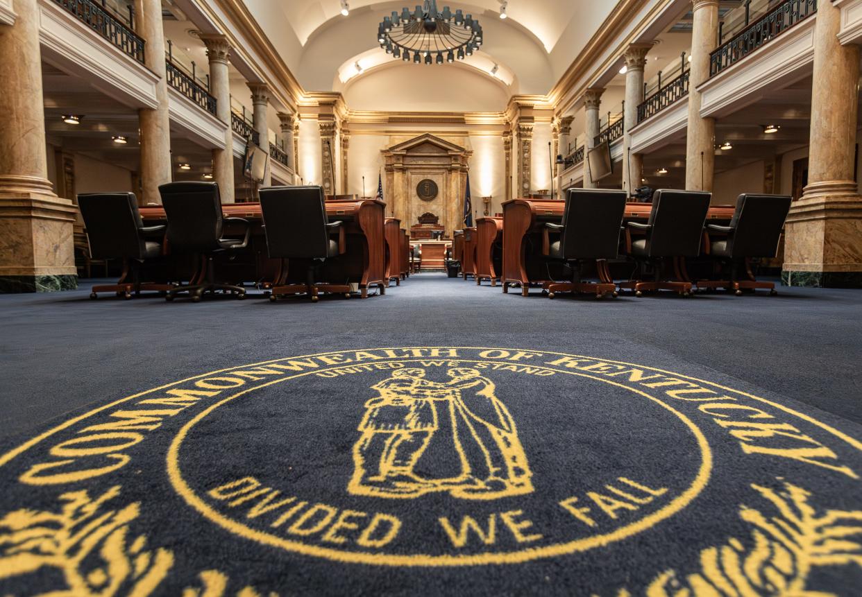 The Senate chamber was empty before gaveling in on the first day of the 2024 Kentucky General Assembly in Frankfort, Ky. Jan. 2, 2024