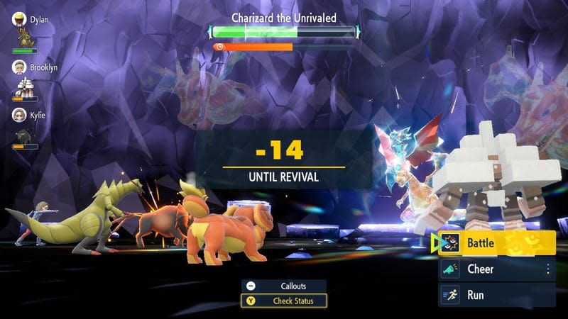 A team of Tauros, Haxorus, Dachsbun, and Garganacl is seen fighting Charizard the Unrivaled in Pokemon Scarlet and Violet.