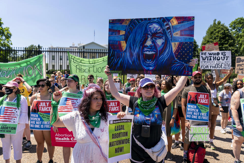 People participate in an abortion-rights rally at Lafayette Park in front of the White House in Washington, Monday, July 4, 2022. (AP Photo/Andrew Harnik)