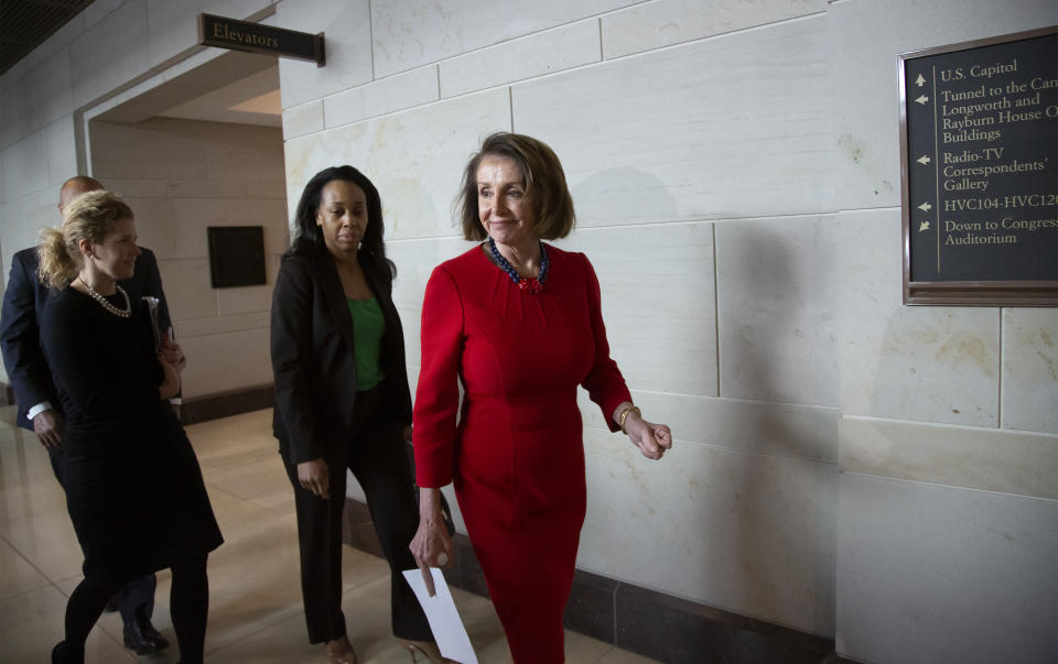 House Democratic Leader Nancy Pelosi of California, walks past reporters at the Capitol after a classified briefing by CIA Director Gina Haspel to the House leadership about the killing of journalist Jamal Khashoggi, and, the involvement by the Saudi crown prince, Mohammed bin Salman, in Washington, Wednesday, Dec. 12, 2018. The Senate is preparing for a possible vote on two resolutions to condemn Saudi Arabia for its role in the slaying. (AP Photo/J. Scott Applewhite)