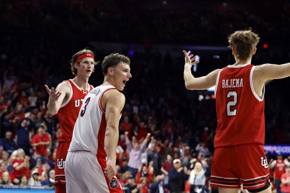 Arizona guard Pelle Larsson reacts after dunking during the second half of the team’s NCAA college basketball game against Utah on Saturday, Jan. 6, 2024, in Tucson, Ariz. | Chris Coduto, Associated Press