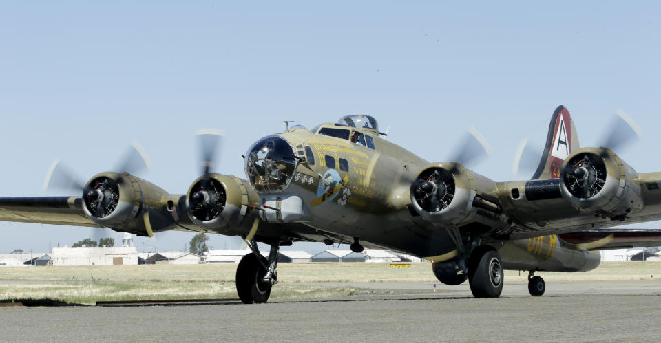 In this photo taken June 2, 2018 photo, the Nine-O-Nine, a Collings Foundation B-17 Flying Fortress taxis after landing at McClellan Airport in Sacramento, Calif.  A B-17 vintage World War II-era bomber plane crashed Wednesday, Oct. 2, 2019,  just outside New England's second-busiest airport, and a fire-and-rescue operation was underway, official said. Airport officials said the plane was associated with the Collings Foundation, an educational group that brought its "Wings of Freedom" vintage aircraft display to Bradley International Airport this week in Windsor Locks, Conn. (AP Photo/Rich Pedroncelli)