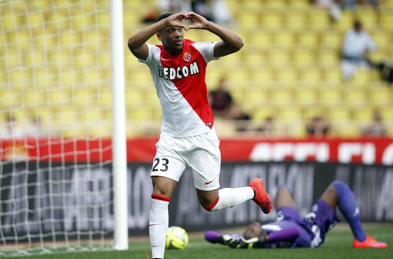 Monaco's French forward Anthony Martial celebrates after scoring a penalty during their French L1 football match against Toulouse on May 3, 2015 at the Louis II Stadium in Monaco