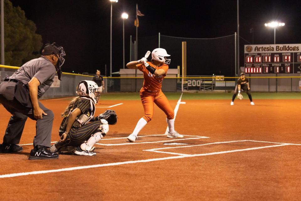 Artesia softball player Katrin Marquez steps up to the plate against Alamogordo on March 5, 2024 in 2024.