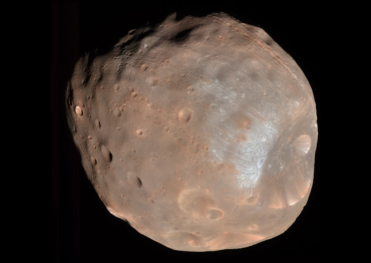 Mars' two moon Phobos (shown here) and Deimos, may have formed from a ring of debris around the Red Planet. Larger moons formed in the same debris ring may have crashed into Mars.