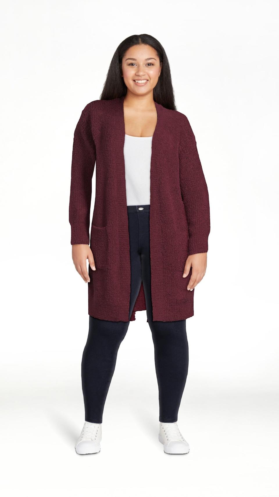 model wearing the cardigan in rustic plum