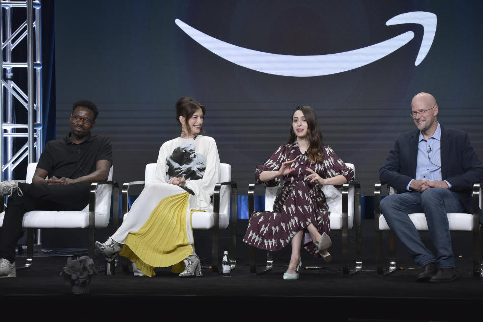 Gary Carr, from left, Anne Hathaway, Cristin Milioti and Daniel Jones participate in the Amazon Prime Video "Modern Love" panel at the Television Critics Association Summer Press Tour on Saturday, July 27, 2019, in Beverly Hills, Calif. (Photo by Richard Shotwell/Invision/AP)