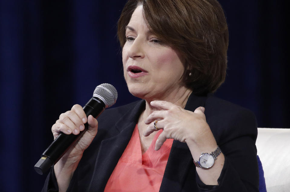 Democratic presidential candidate Sen. Amy Klobuchar, D-Minn., speaks during a gun safety forum Wednesday, Oct. 2, 2019, in Las Vegas. (AP Photo/John Locher)