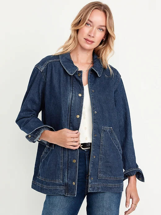 someone wearing the Old Navy Relaxed Jean Barn Jacket