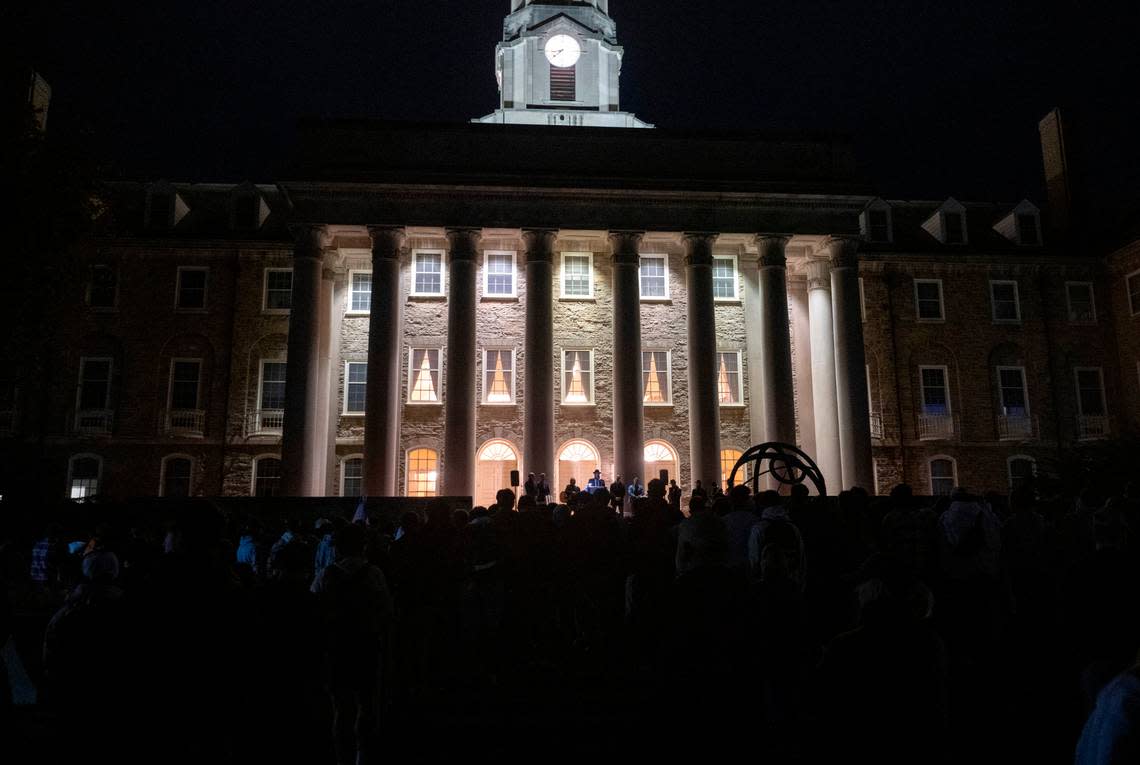 Hundreds of people gathered outside of Old Main to pray and show support for Israel on Tuesday, Oct. 10, 2023.