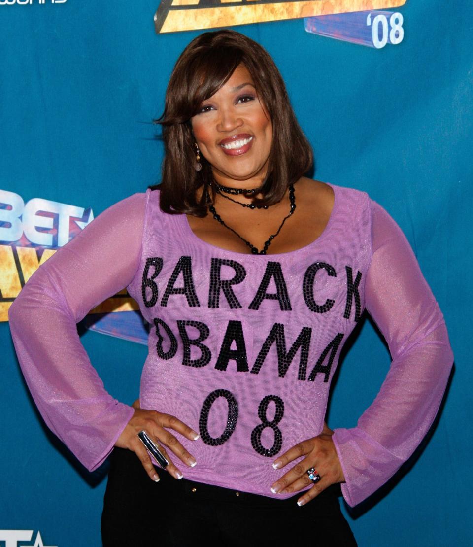 Comedian Kym Whitley poses dressed in an 'Obama '08' blouse in the press room shirt at the 2008 BET Awards