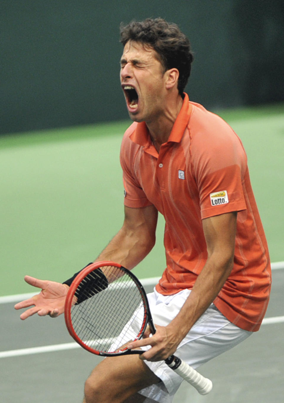 Robin Haase from the Netherlands celebrates after he defeated Radek Stepanek from the Czech Republic in their opening single of the tennis Davis Cup first round match in Ostrava, Friday, Jan. 31, 2014. Haase won 3-6, 6-4, 6-7, 6-2 ,1-6. (AP Photo,CTK/Jaroslav Ozana) SLOVAKIA OUT