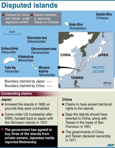 A graphic showing the Senkaku island chain under Japanese control but also claimed by China, where they are known as the Diaoyu islands