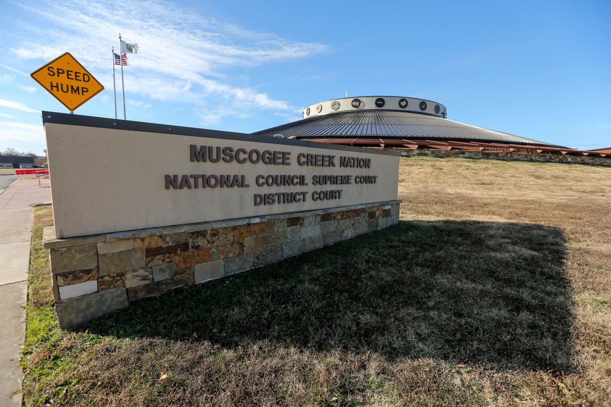 The Muscogee Nation courthouse is pictured Thursday, Dec. 1, 2022, as plaintiffs and supporters attend a preliminary hearing regarding whether the Muscogee Nation is violating the terms of an 1866 treaty by not recognizing descendants of freedmen as citizens.