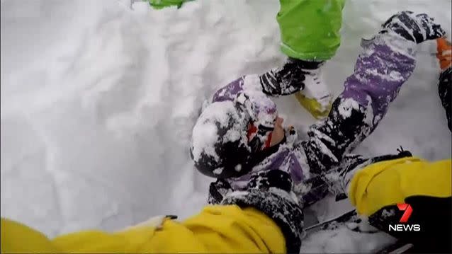 James ‘took a massive breath and a very big sigh’ when he was found after he waved his ski pole around to get his mates' attention. Photo: James Mort/7News