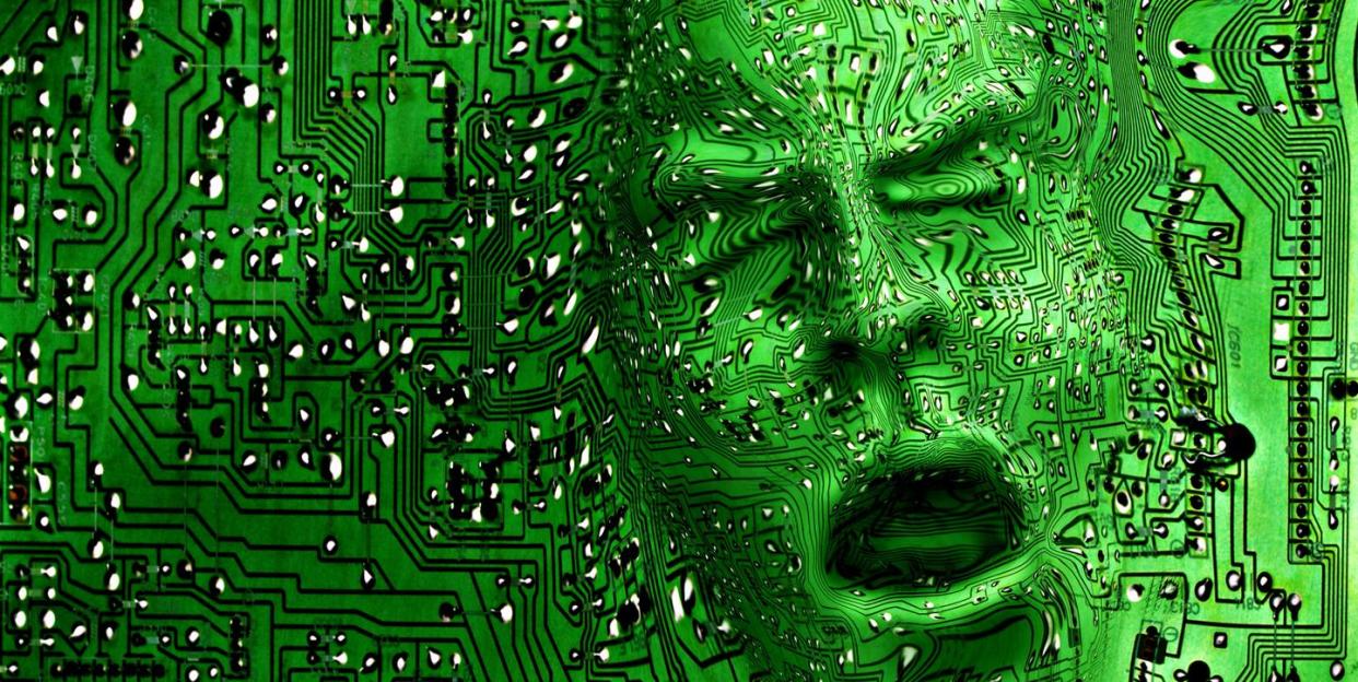 face emerging from circuit board digital composite