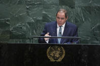 Algeria's Foreign Minister Sabri Boukadoum addresses the 74th session of the United Nations General Assembly at United Nations headquarters Friday, Sept. 27, 2019, in New York. (AP Photo/Kevin Hagen).