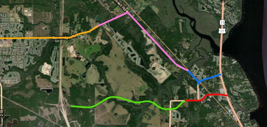 Cathedral Oak Parkway, shown in bright green, is scheduled to open in early 2025 to link the First Coast Expressway to roads around Green Cove Springs.