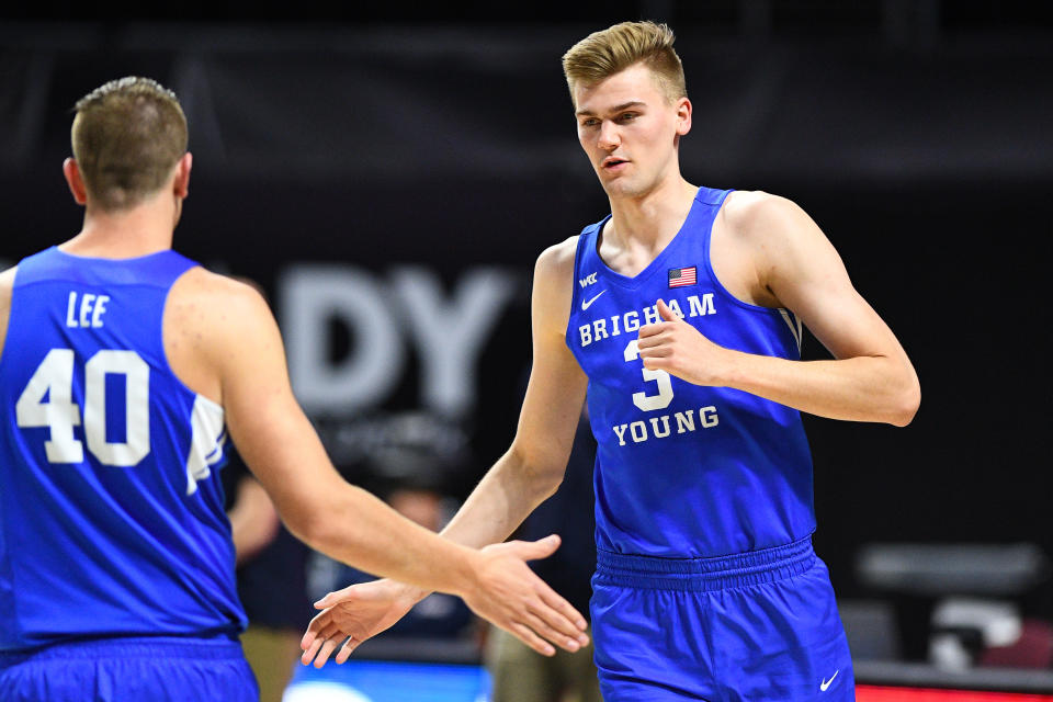 BYU forward Matt Haarms (3) looks on before the championship game of the West Coast Conference on March 9. (Brian Rothmuller/Icon Sportswire via Getty Images)