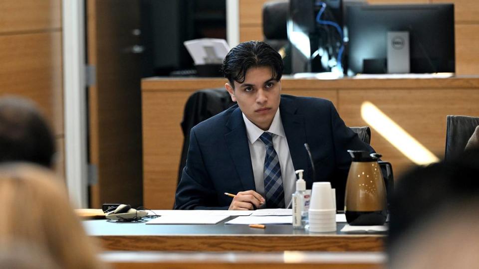 Jacob Maldonado listens to potential jurors before undergoing a joint trial with David Consuegra, Jr. presided over by Judge Frederick Mercurio at the Manatee County Judicial Center for a 2020 fatal shooting.