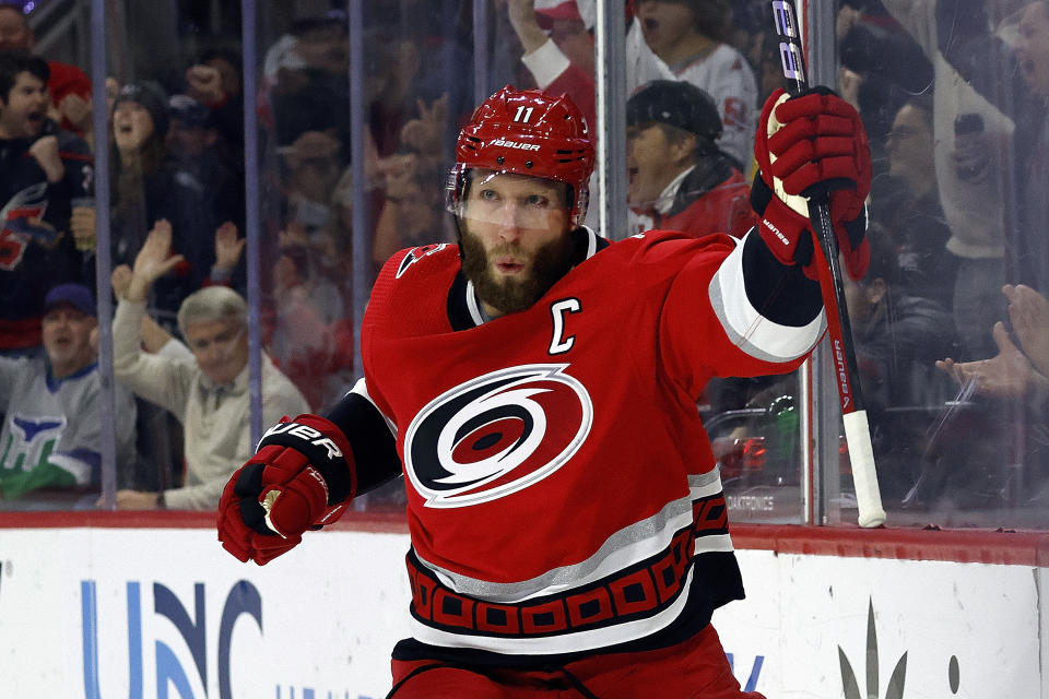 Carolina Hurricanes' Jordan Staal celebrates his goal against the New Jersey Devils during the second period of an NHL hockey game in Raleigh, N.C., Tuesday, Dec. 20, 2022. (AP Photo/Karl B DeBlaker)