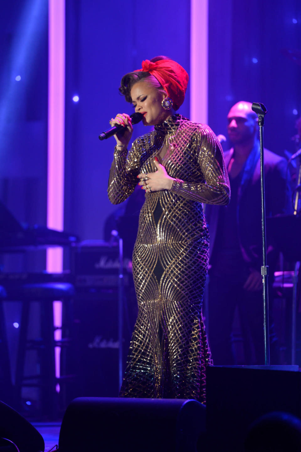 Andra Day performs at Clive Davis’s Pre-Grammy party. 