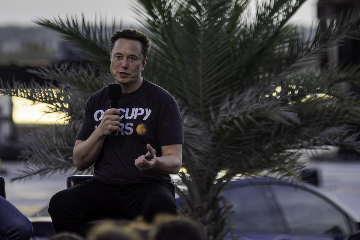 With a backdrop of sago palms, Elon Musk, wearing a black T-shirt, talks into a microphone.