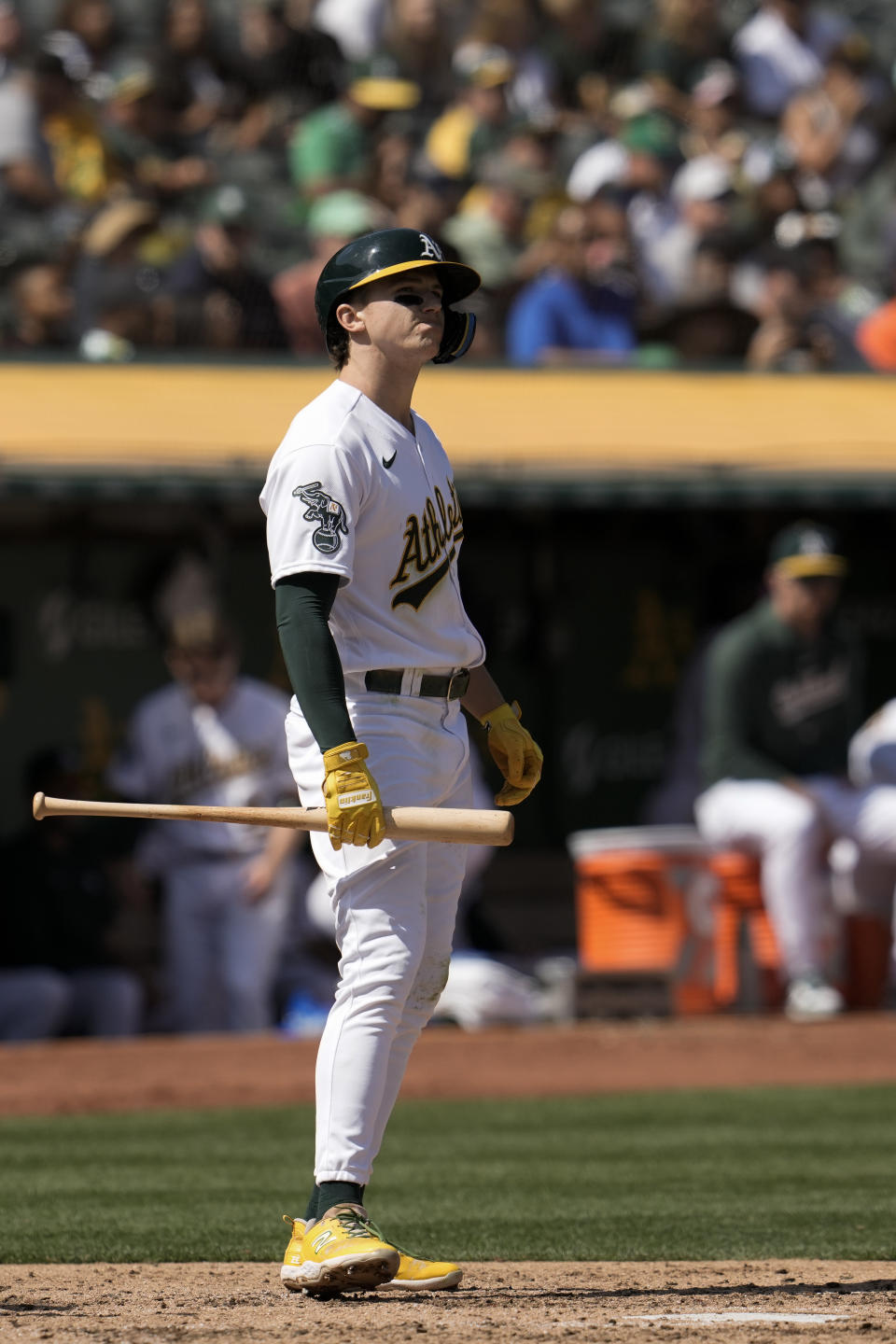 Oakland Athletics' Zack Gelof reacts after being called out on strikes against the San Diego Padres during the third inning of a baseball game Saturday, Sept. 16, 2023, in Oakland, Calif. (AP Photo/Godofredo A. Vásquez)