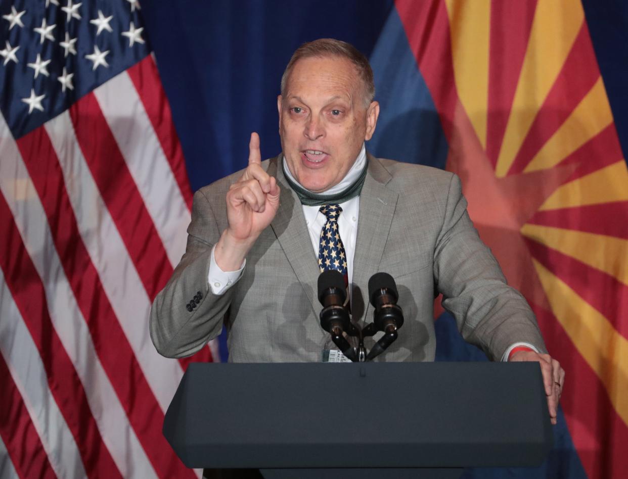 Congressman Andy Biggs (R-Ariz) speaks before Vice President Mike Pence at a "Latter-day Saints for Trump" campaign event in Mesa, Ariz. August 11, 2020. It was his second stop in the battle ground state after visiting Tucson earlier in the day.