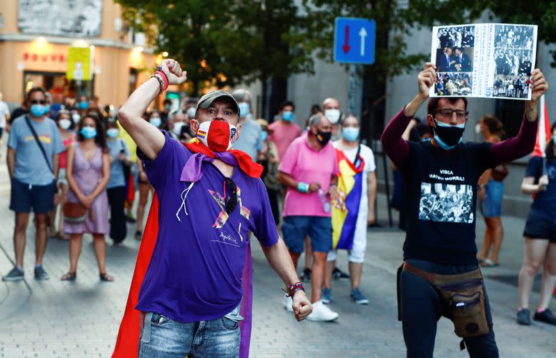 Protesters march against Spain's monarchy for the first time since former Spanish King Juan Carlos left the country amid an investigation into his involvement in a high-speed rail contract in Saudi Arabia, in Madrid